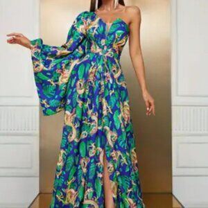 Giffniseti Dragon & Tropical Print One Shoulder Trumpet Sleeve Split Thigh Dress